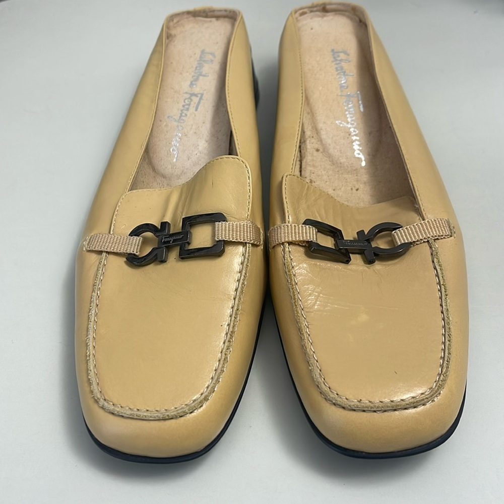 Salvatore Ferragamo Tan Mules with Black Buckle